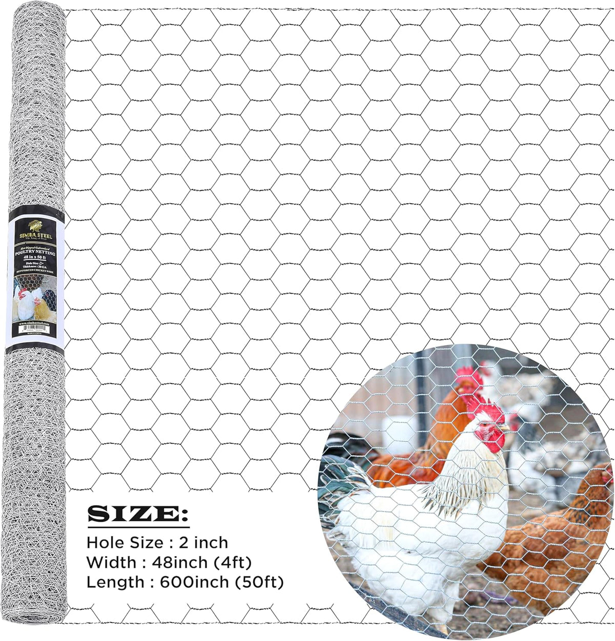 Chicken Wire 48 in x 50 FT x 2” Mesh x 20GA | Poultry Wire Netting | Hot Dipped Galvanised |