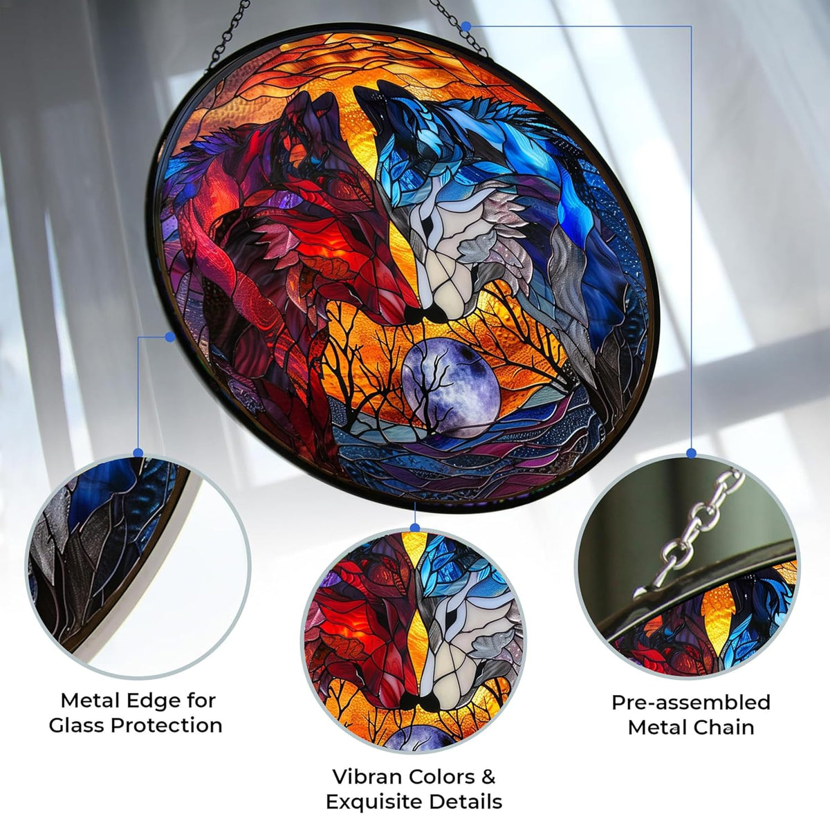 Art Nouveau Wolf Couple Stained Glass Window Hanging by Clare Donovan, Stained Glass Suncatcher for