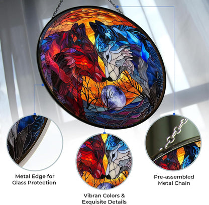 Art Nouveau Wolf Couple Stained Glass Window Hanging by Clare Donovan, Stained Glass Suncatcher for