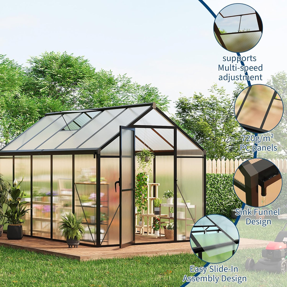 6x10 FT Greenhouse for Outdoors, Polycarbonate Greenhouse with Roof Vent, Ground Nails, Lockable
