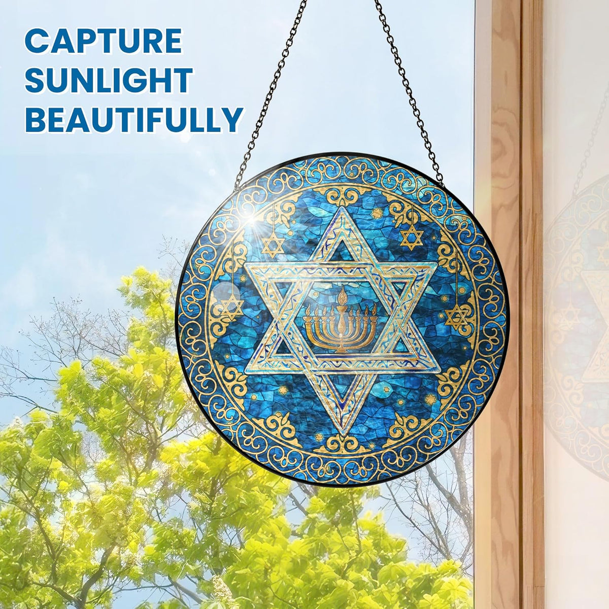 FLAGWIX Christmas Hanukkah Gifts for Women Men - Star of David Stained Glass Window Hanging 10 in
