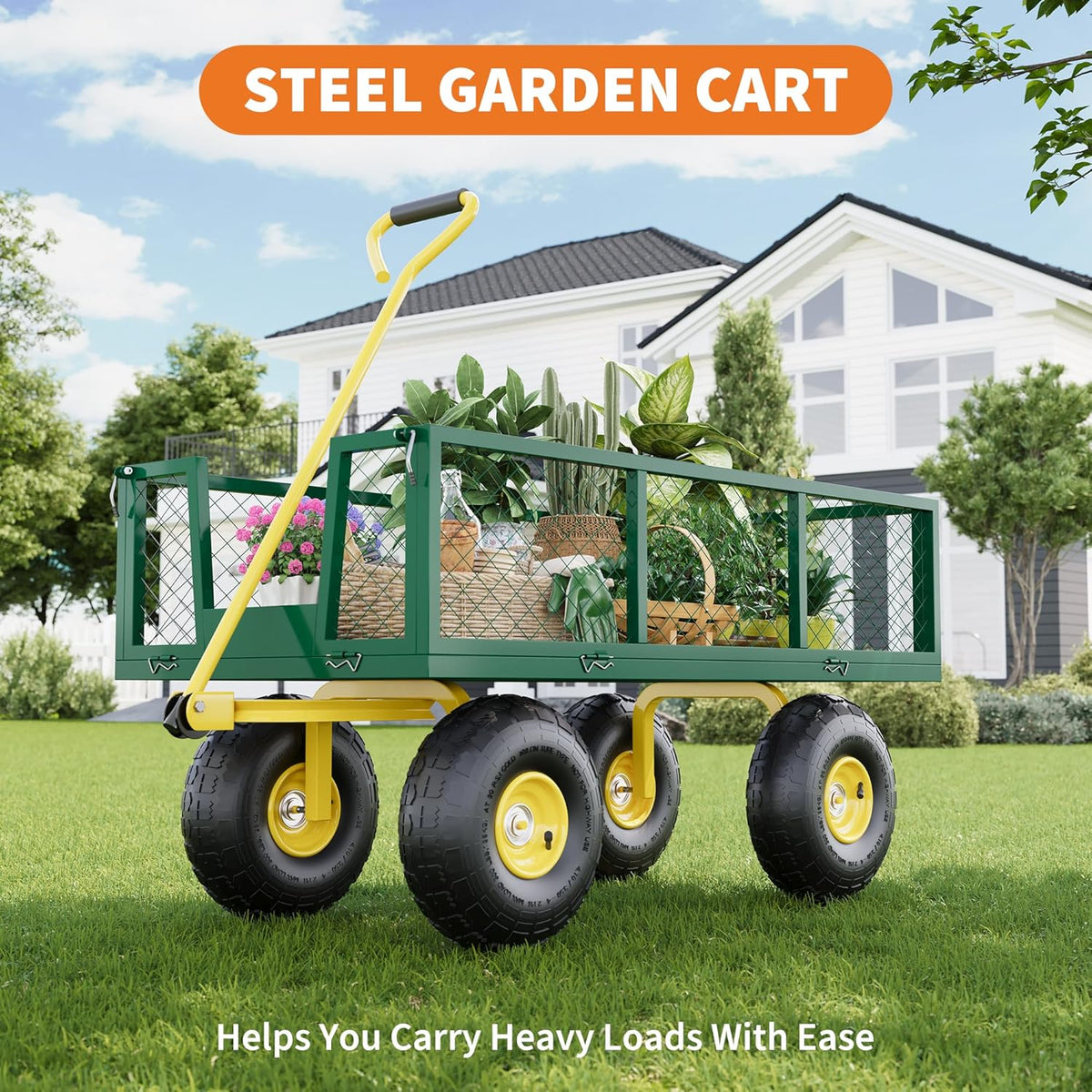Metal Wagon - 900lbs Garden Cart with 10" Multi-Terrain Tires, 4 Removable Mesh Sides & 180° Swivel