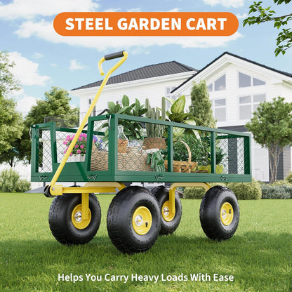 Metal Wagon - 900lbs Garden Cart with 10" Multi-Terrain Tires, 4 Removable Mesh Sides & 180° Swivel