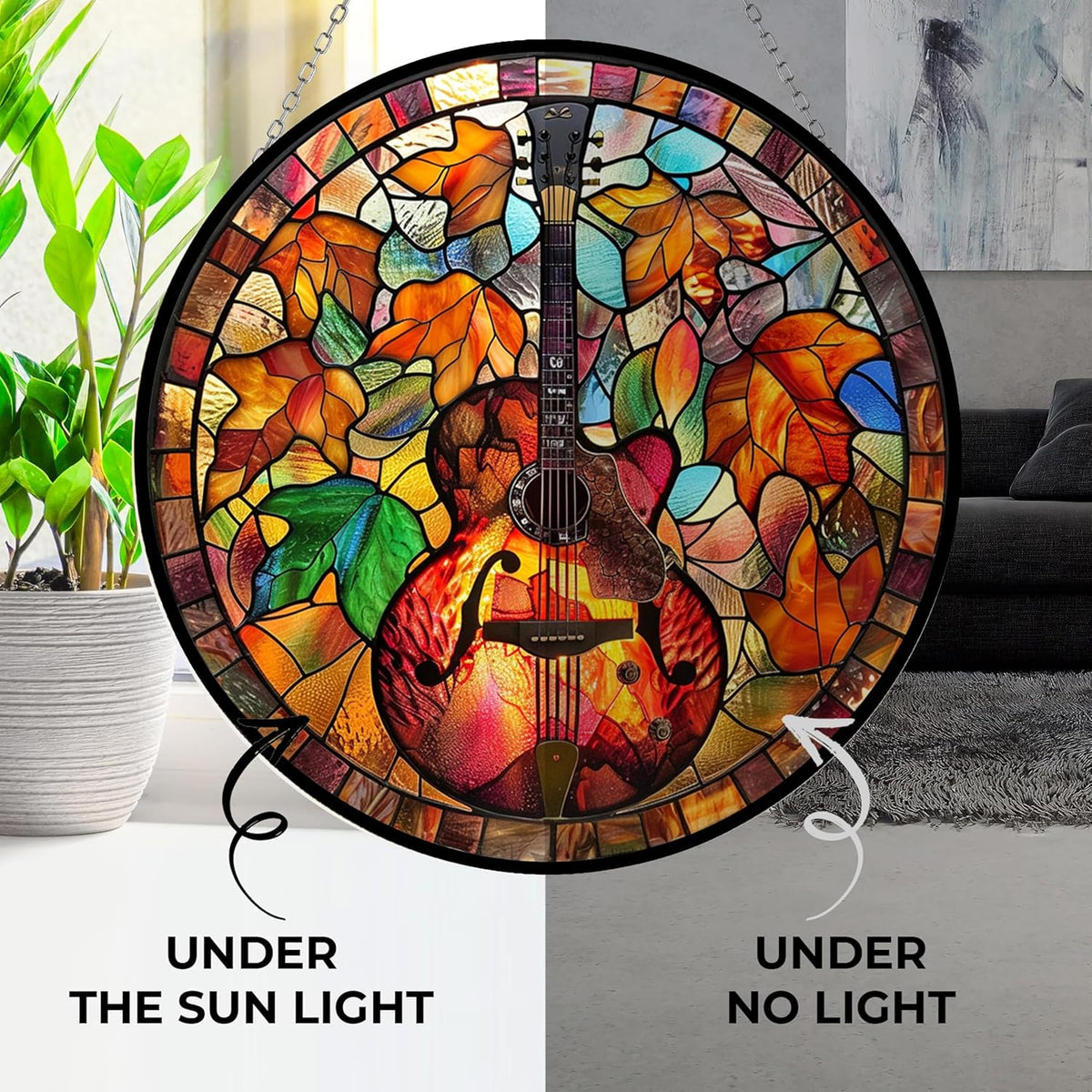 Thanksgiving Guitar Stained Glass Window Hanging, Stained Glass Window Decor Suncatcher for Women