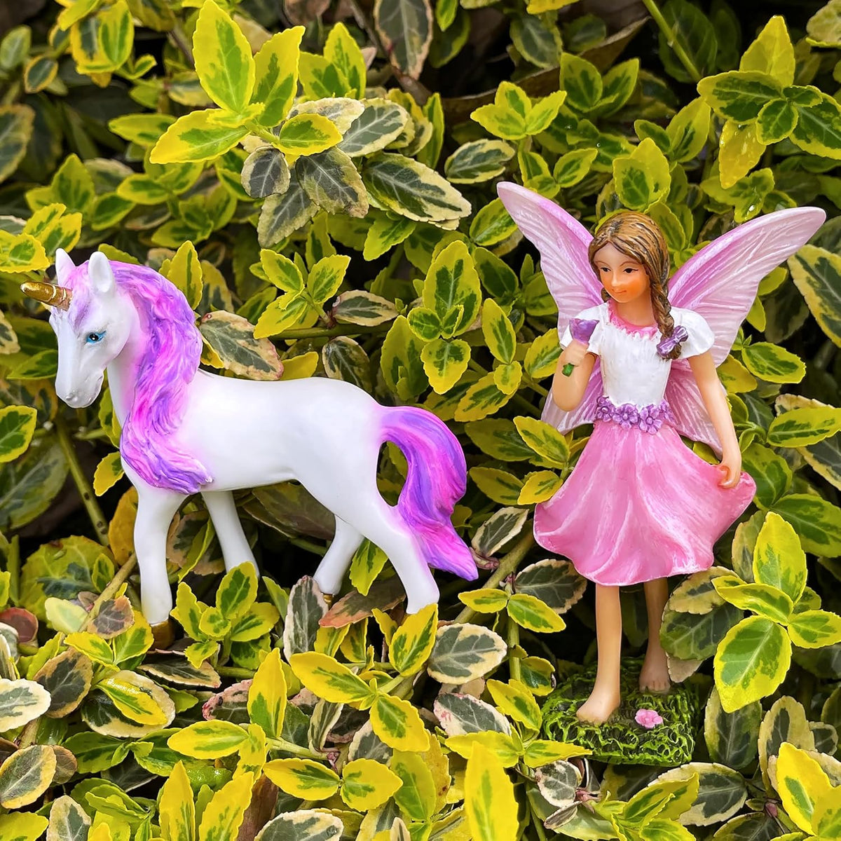 Mood Lab Fairy Garden - Fairy with Unicorn Set of 2 pcs - Miniature Figurines Statue Kit - Outdoor