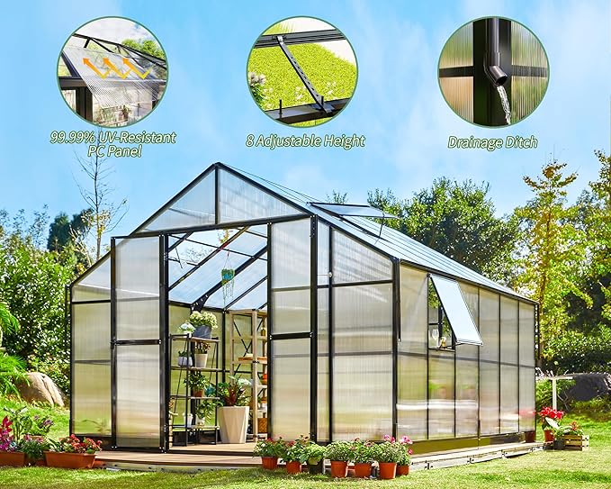 Jocisland 12x13.5x9 Polycarbonate Outdoor Aluminum Greenhouse - Quick Connect Fittings, 6.7 FT