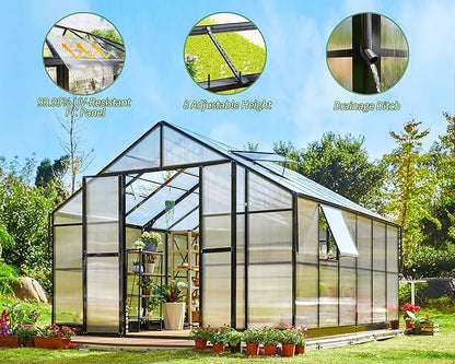 Jocisland 12x13.5x9 Polycarbonate Outdoor Aluminum Greenhouse - Quick Connect Fittings, 6.7 FT