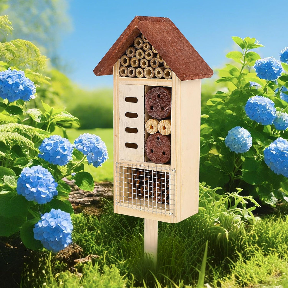 Lulu Home Wooden Insect House with Stake, Hanging & Inserting Two Mount Ways Insect Hotel for Bee