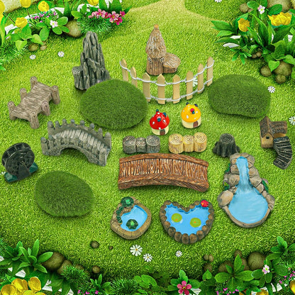 21 Pcs Fairy Garden Miniatures Accessories Bridge House Landscape Water Well Fence Figurines Pond