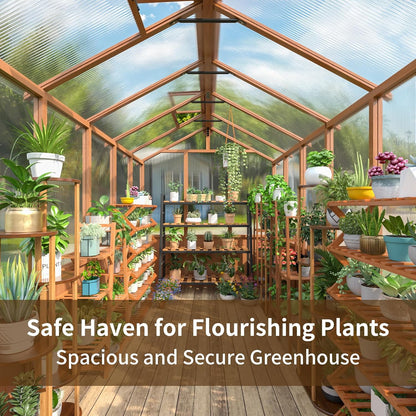 6x12 FT Wooden Greenhouse for Outdoors, Walk-in Greenhouse with 6MM Thick Polycarbonate Panel and