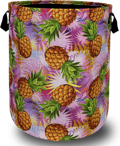 Tropical Pineapples Laundry Basket Foldable With Handles Palm Leaves Tote Bag Oxford Cloth Colorful