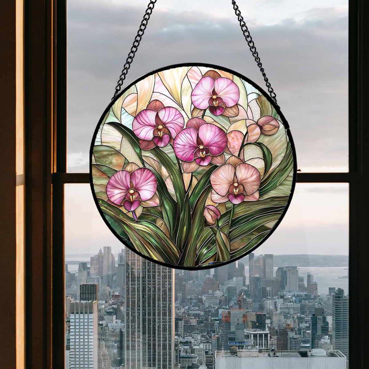 Stained Glass Window Hanging - Pink Phalaenopsis Orchid Green Leaves Sun Catcher for Door Home