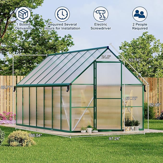 8'X14' Aluminum-Framed Polycarbonate Greenhouse, Heavy Duty Polycarbonate Greenhouse with Quick