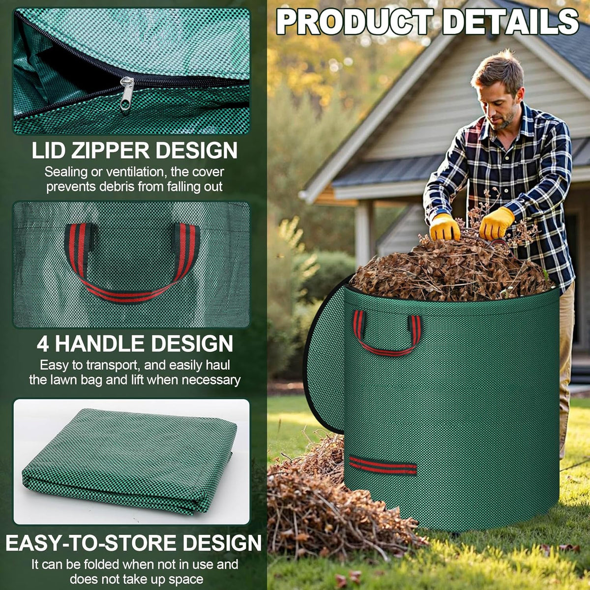 Reusable Yard Waste Bags with Lid, 2 Pack 72 Gallon Lawn and Leaf Garden Bags Heavy Duty with 4