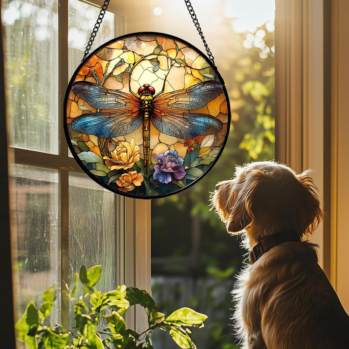 Stained Glass Window Hanging - Orange Blue Dragonfly Flower Suncatcher for Doors Window Home Sun
