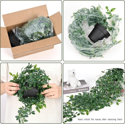 Waipfaru 2Pcs Fake Hanging Plants with Pot Deep Green Eucalyptus Leaves UV Resistant Fake Vines Ivy