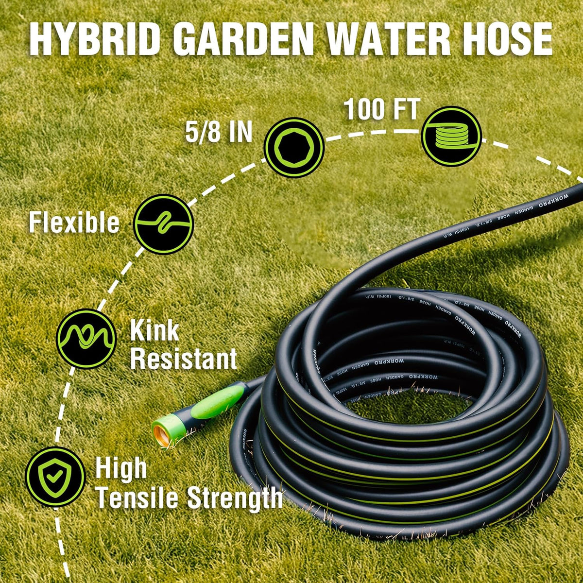 WORKPRO Hybrid Garden Hose 5/8 in.x 100ft, Water Hose Heavy Duty, Flexible, Lightweight Hybrid
