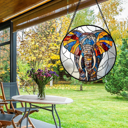 Stained Glass Window Hanging, Colorful Elephant Sun Catcher for Door Home Decor Animal Suncatcher