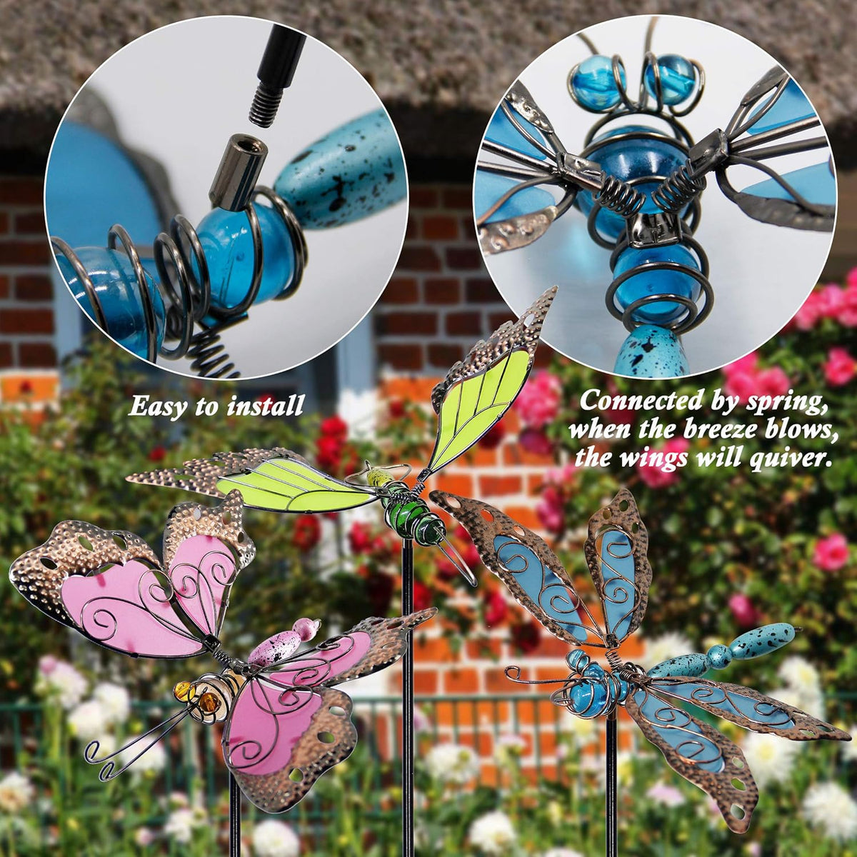 Juegoal 34 Inch Butterfly Garden Stakes Decor, Dragonfly Hummingbird Stakes, Glow in Dark Metal