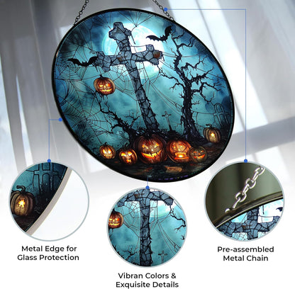 Halloween Crow Cross Suncatcher Stained Glass Window Hanging Handmade Stained Glass Suncatchers