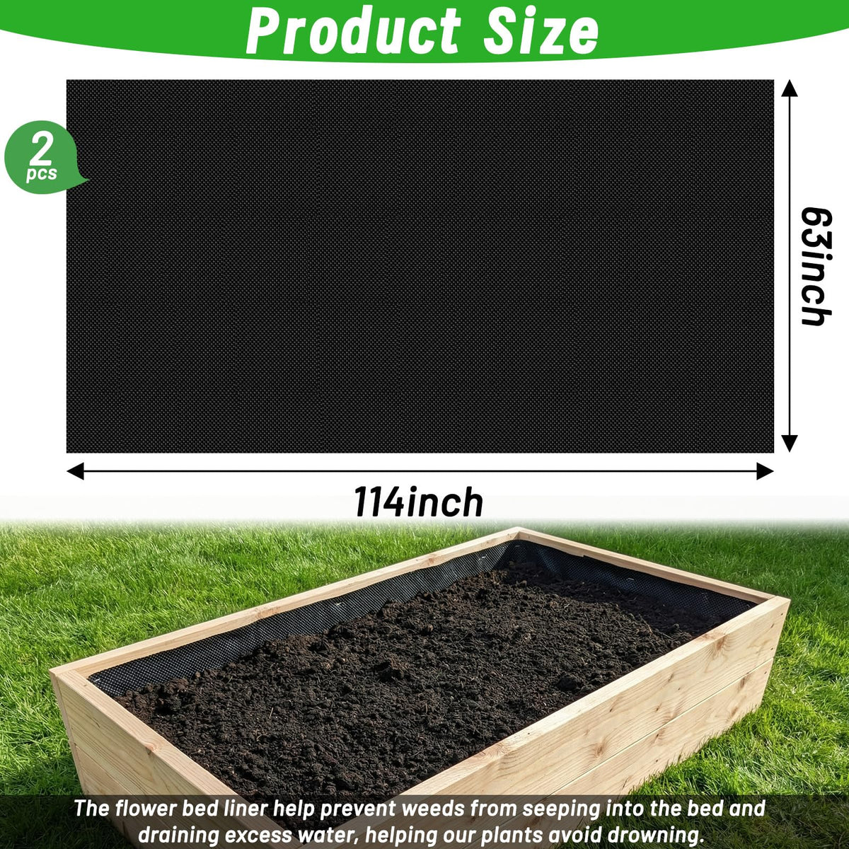 EcoBrisa 2PCS 63 x 114IN Raised Garden Bed Liner, Non Woven Fabric for Large Veg Trough, Cuttable