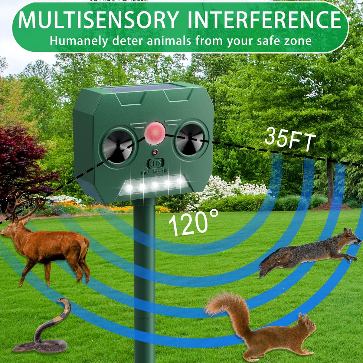 Ultrasonic Animal Repellent Outdoor Deer Repellent Devices Solar Powered,Squirrel Repellent Motion