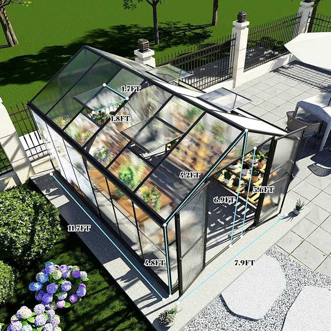 AMERLIFE 8x12x7FT Polycarbonate Greenhouse, Walk in Greenhouse with Quick-Connect System, Green