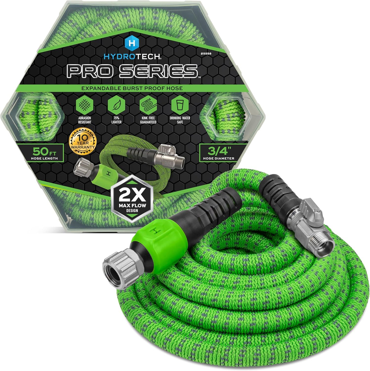HydroTech 50 ft Expandable Garden Hose - Pro Series, 2x Max Flow, 3/4" No-Kink Flexibility