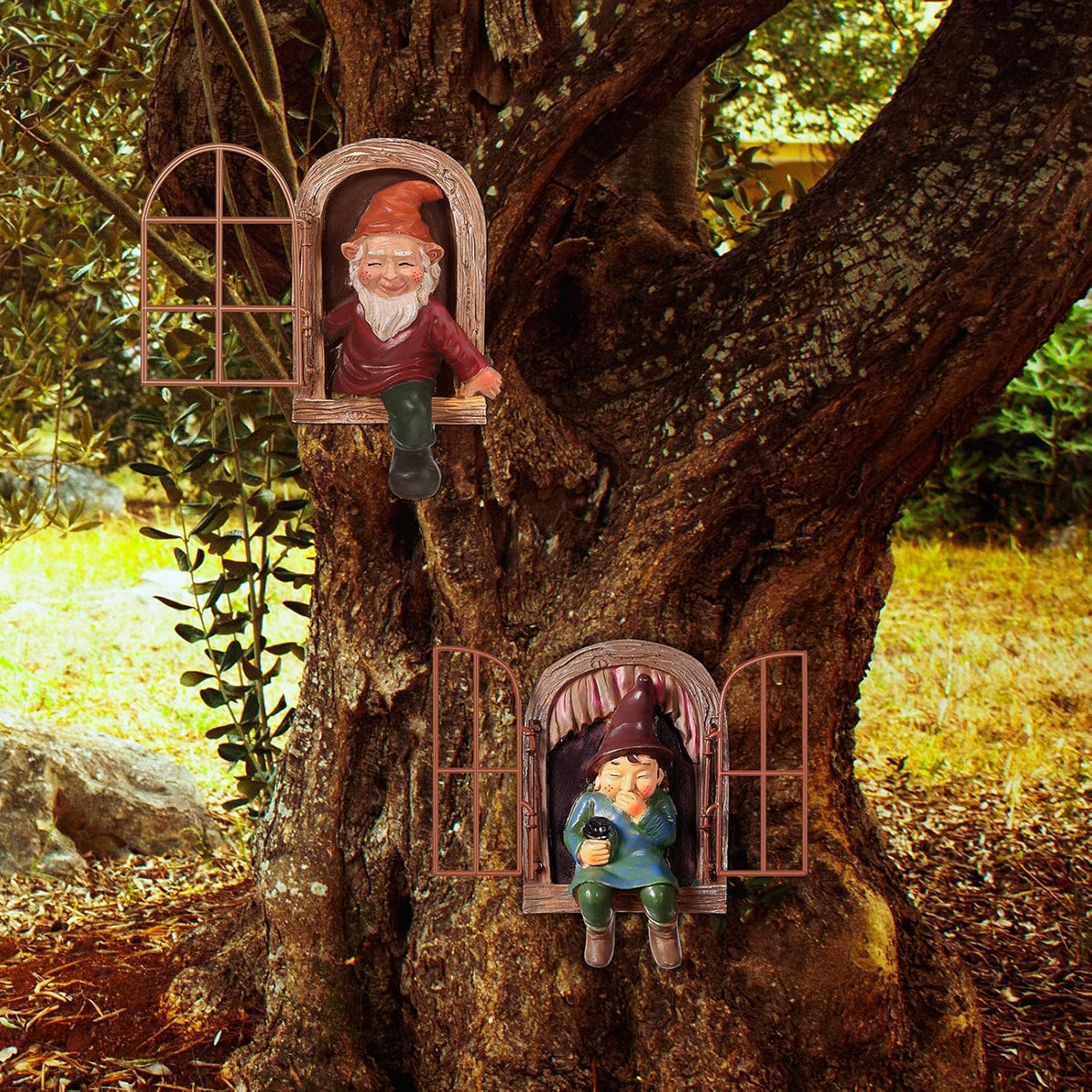 Jetec 2 Pieces Garden Gnome Statue Elf Out The Door Tree Hugger Garden Peeker Yard Art Tree