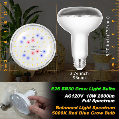 BR30 Grow Light Bulbs 18W 2000lm Full Spectrum Plant Happy Light Bulb 200W Equivalent E26 Base