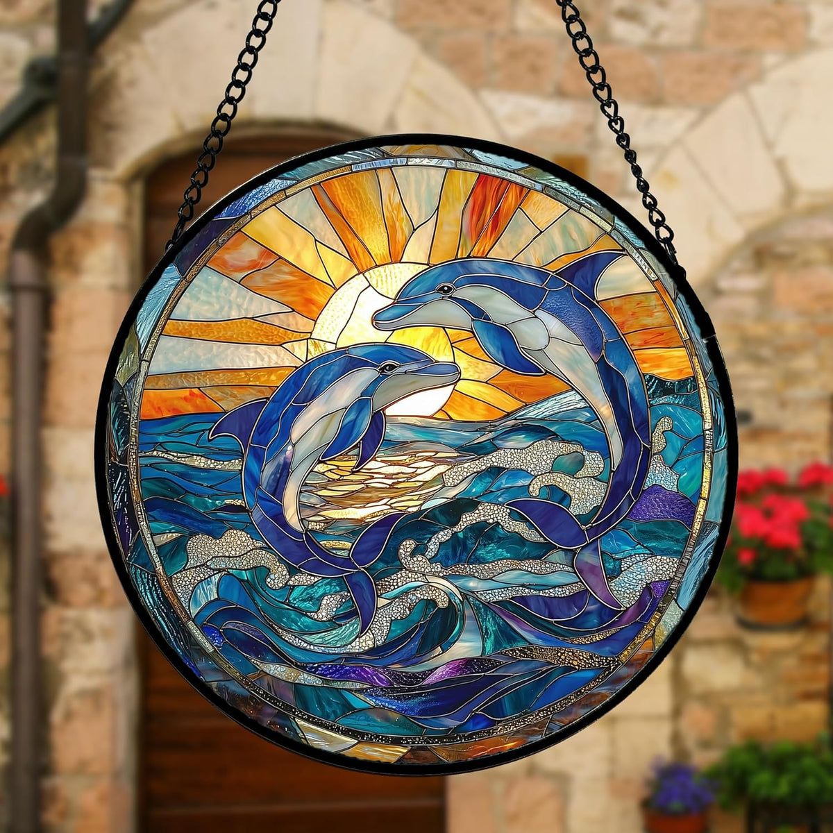 Stained Glass Window Hanging, Blue Dolphin Sun Catchers Colorful Glass Panel Sunrise Sea View