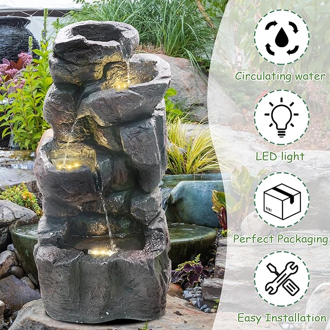 4-Tiers Cascading Rock Outdoor Water Fountain with LED Light, Standing Cascading Water Feature Faux