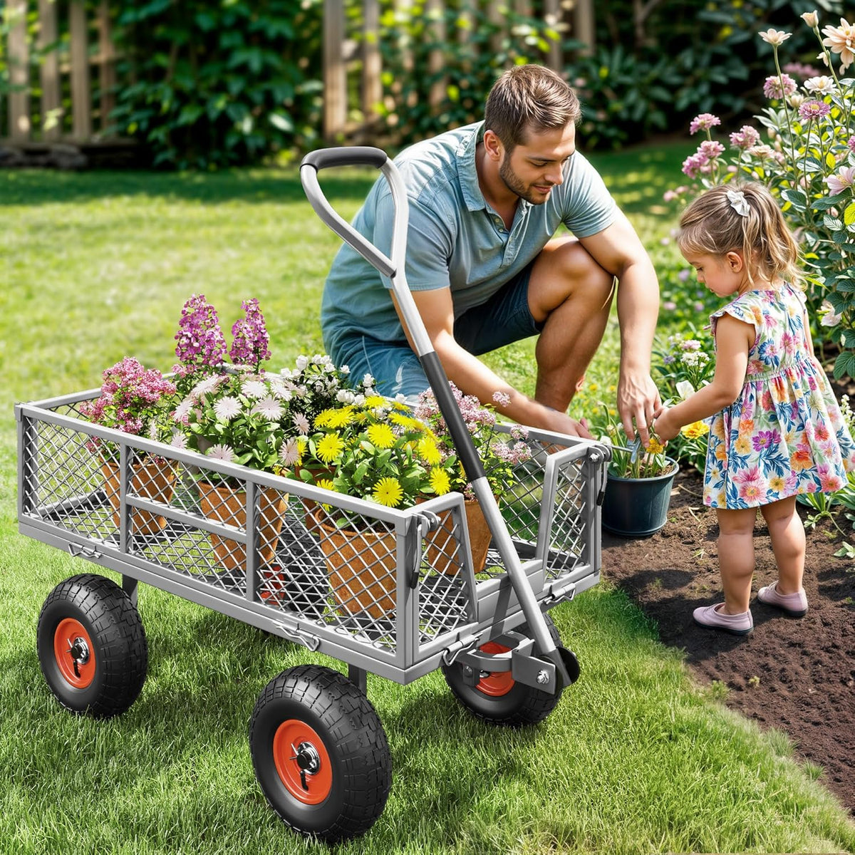 Heavy Duty 900 lbs Capacity Mesh Steel Garden Cart - 10" Pneumatic Tires, 180° Rotating Handle
