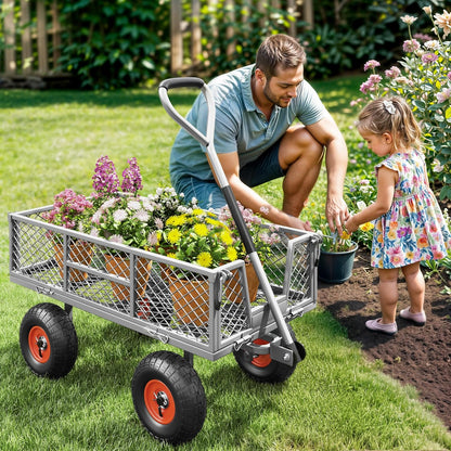 Heavy Duty 900 lbs Capacity Mesh Steel Garden Cart - 10" Pneumatic Tires, 180° Rotating Handle