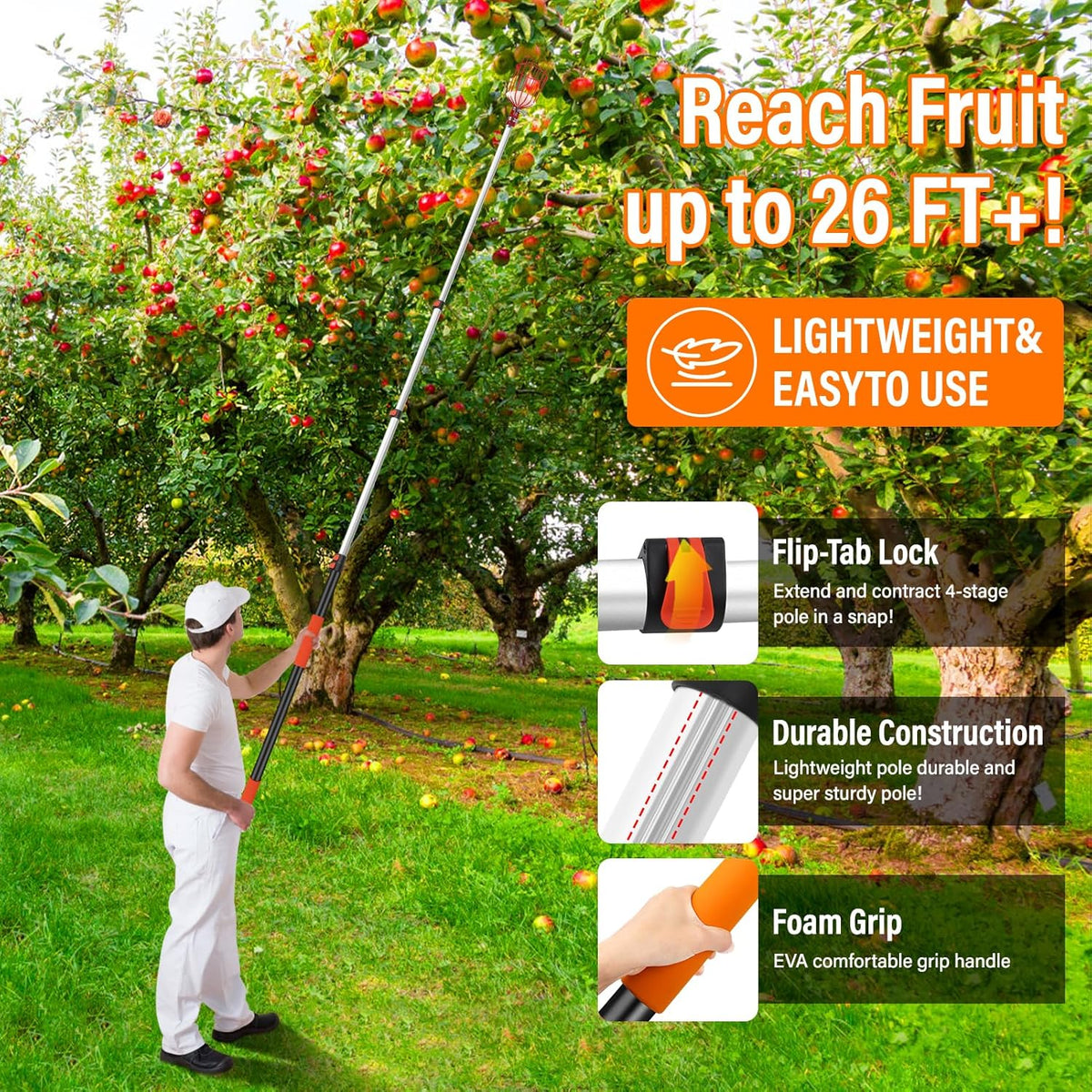 26FT Reach Fruit Picker Pole with Basket Telescoping,Apple Picker Pole with Basket,Lightweight