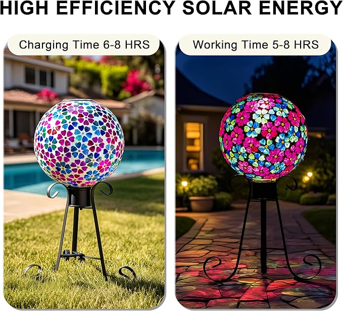 VOREEN Mosaic Solar Glass Gazing Ball, 10" Outdoor Multicolor Gazing Globe, Handmade IP44