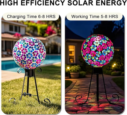 VOREEN Mosaic Solar Glass Gazing Ball, 10" Outdoor Multicolor Gazing Globe, Handmade IP44
