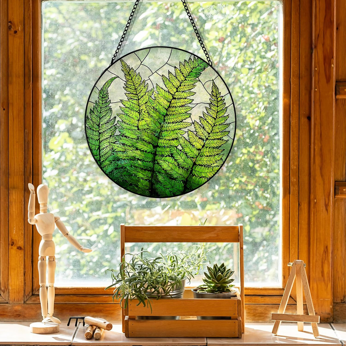 Fern Plant Suncatcher Stained Glass Window Hanging, Plant Lovers Gifts Sun Catchers Indoor Window
