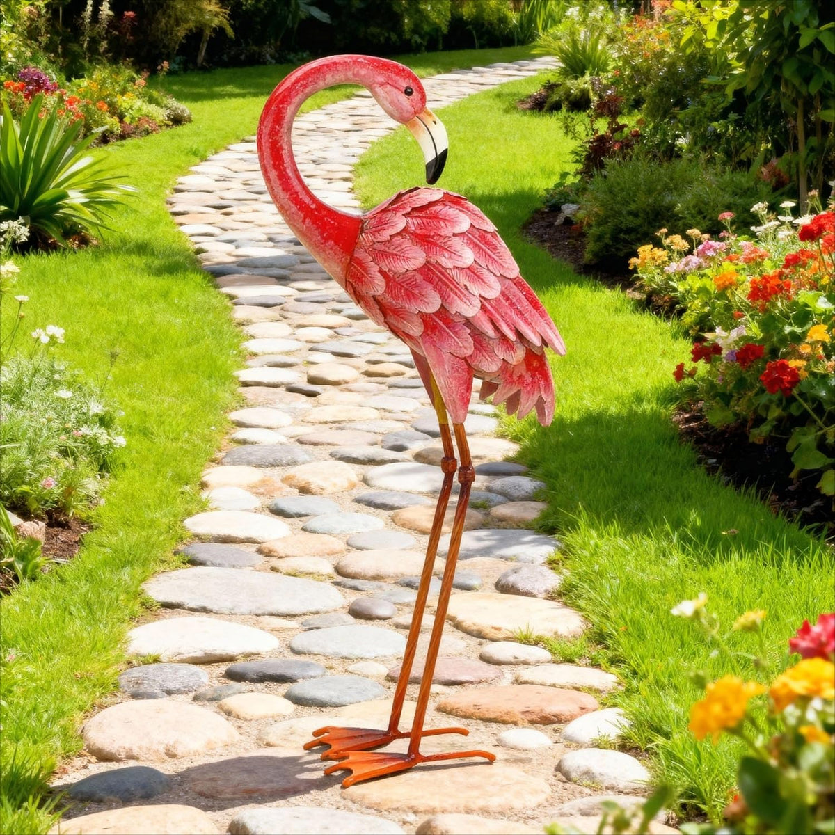 Shorayn Garden Statues Flamingo Sculptures Metal Yard Art, Pink Bird Art Outdoor Backyard Decor