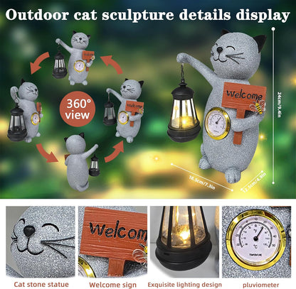 Solar Cat Outdoor Statues for Garden-Creative Thermometer-Lantern-Welcome Sign, Suitable for Yard