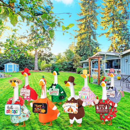 8 Set Seasonal Holiday Goose Outfits Hanging Signs Fall Halloween Christmas Porch Statue Outfits
