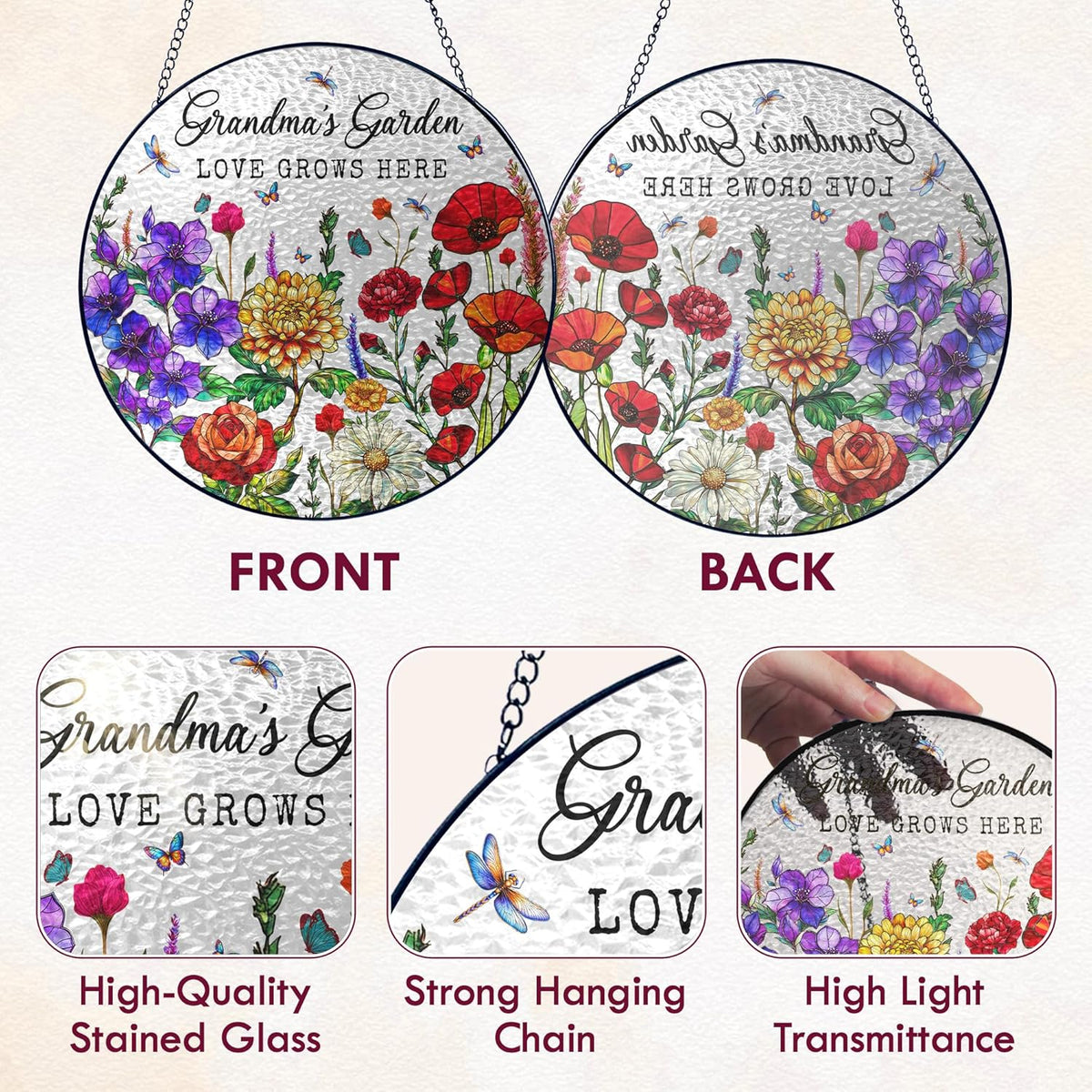 FLAGWIX Christmas Grandma Gifts - Grandmas Garden Stained Glass Window Hanging with Base 8 in