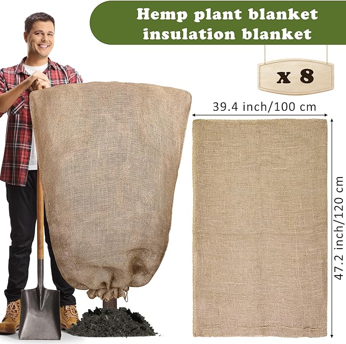 8 Packs Winter Burlap Plant Covers Bags 39.4 x 47.2 Inch Large Burlap Sack Plant Blanket with
