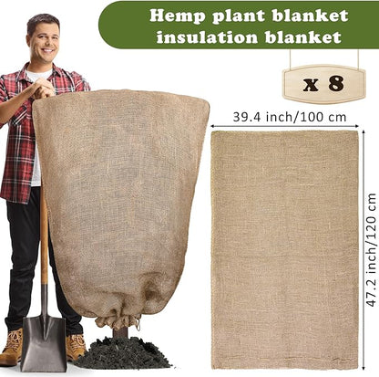 8 Packs Winter Burlap Plant Covers Bags 39.4 x 47.2 Inch Large Burlap Sack Plant Blanket with