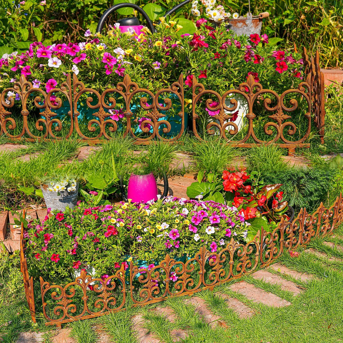 Sungmor Decorative Cast Iron Garden Edging, 4 Pack Full Rusted Victorian Garden Edging Landscape
