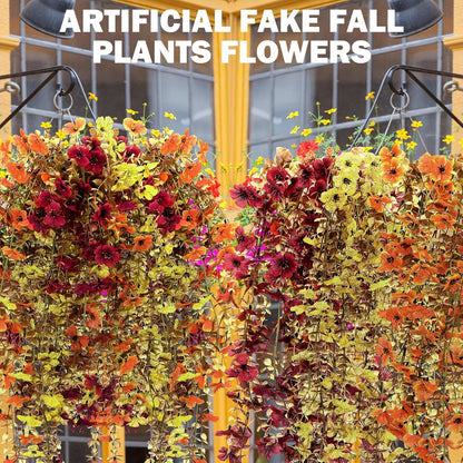 6 Pcs Artificial Fall Hanging Flowers Outdoor Silk Mum Plants Autumn Decor Faux Violet with