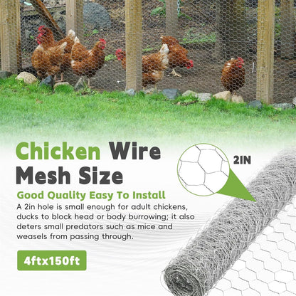 HOSTIC 4FTx150FT Chicken Wire Netting 2IN Mesh Galvanized Wire Hexagonal Fencing for Poultry Garden