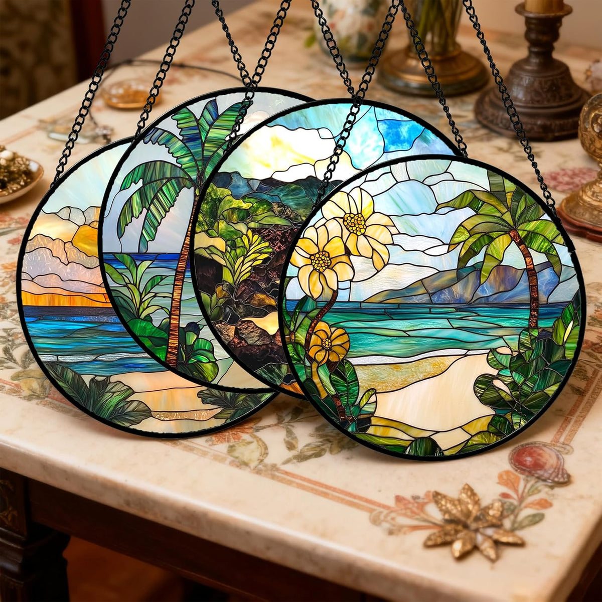 Stained Glass Window Hanging 4 Pcs Set Blue Ocean Coconut Tree Scenery Large 11.8" - Suncatcher