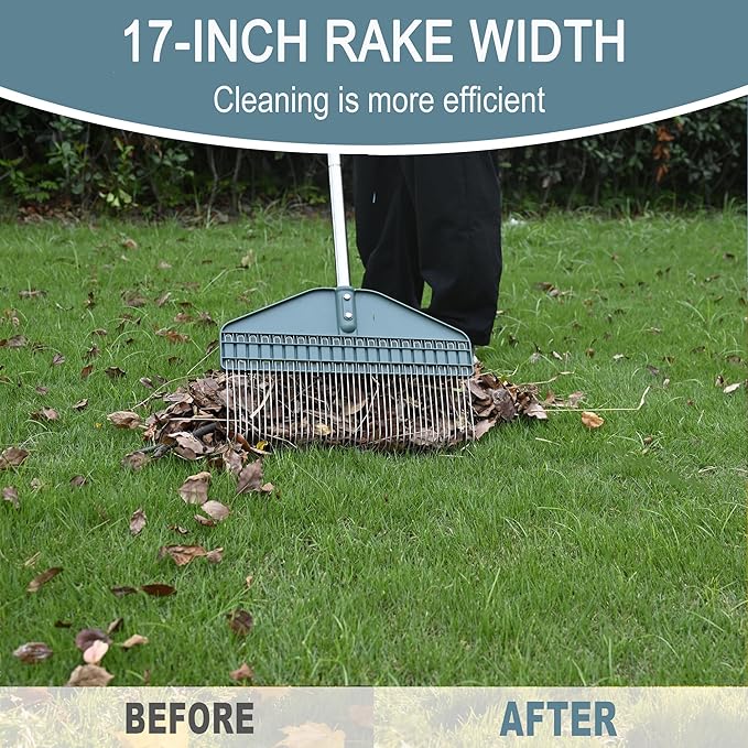 Thatch Rake & Leaves Rake 66-Inch Adjustable S/S Handle Heavy-Duty Design for Garden Lawns and