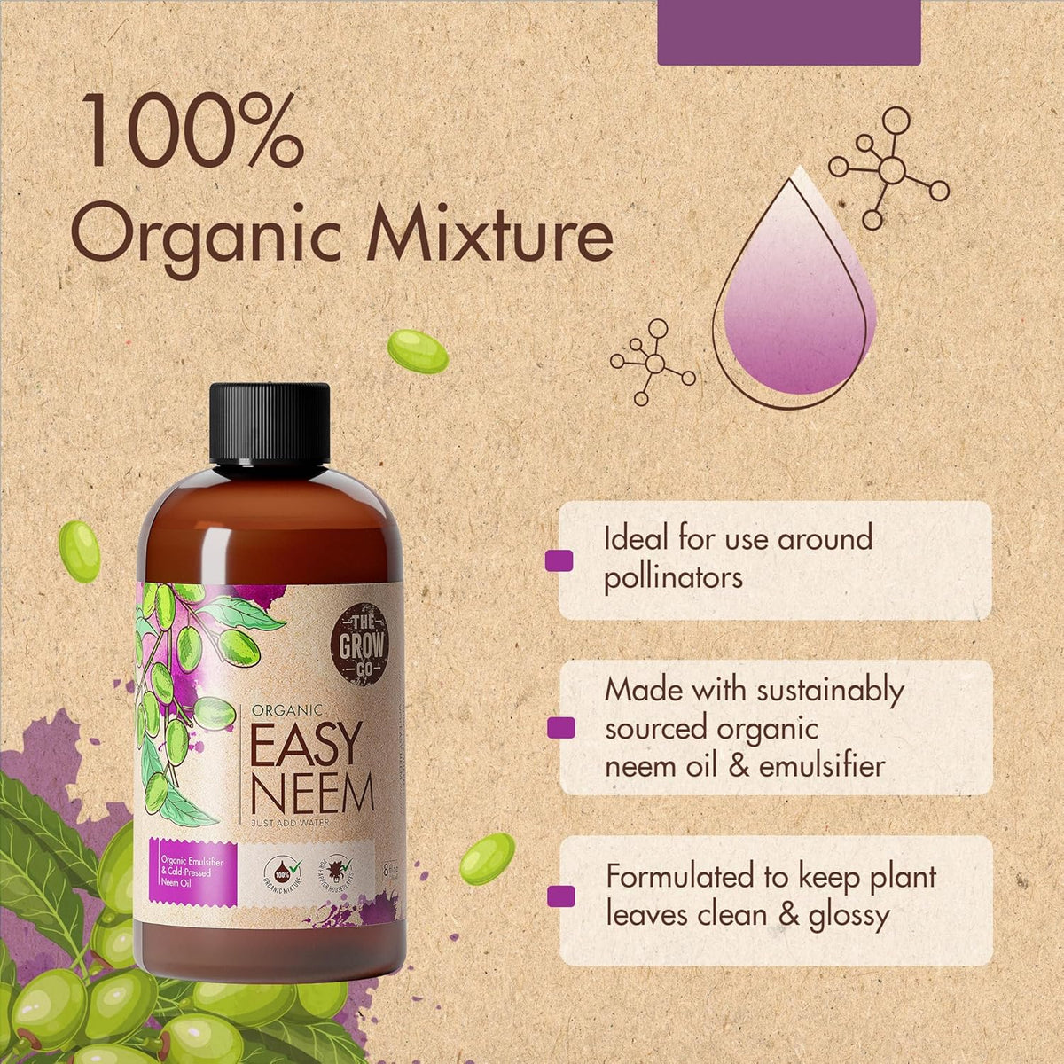 8oz Organic Neem Oil for Plants - Cold Pressed Neem Oil Concentrate for Plants, Water Soluble and